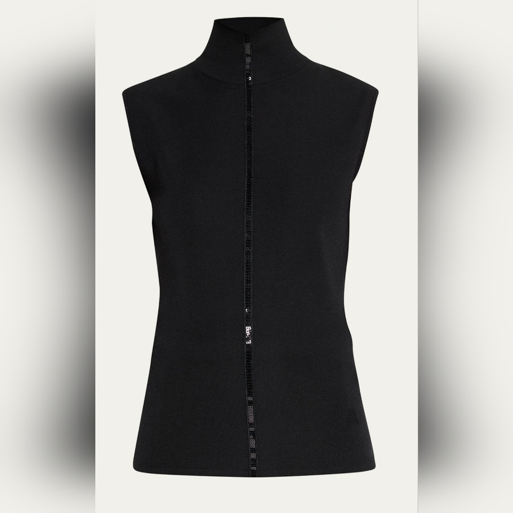 Akris Black Sleeveless Mockneck Silk Cashmere Blend Top With Sequin Detail